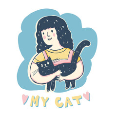 A girl with a cat in her arms.