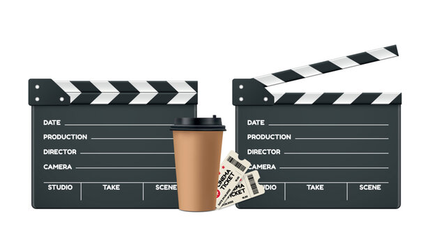 Movie Clapperboard Vector Templates With Coffee Cup And Cinema Tickets - Open And Closed Director Clapboard Set Isolated On White Background