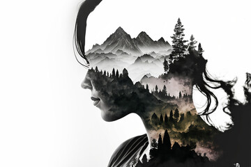 silhouette woman with trees and mountains, double composition