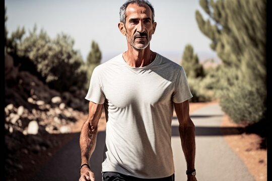 Portrait of an athletic senior unshaved fit tanned man running outdoors in the countryside on a road lined with trees by a beautiful sunny day, healthy lifestyle, made with AI Generative