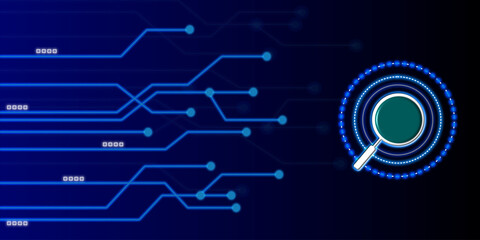 Cyber technology search by magnifier on electronic line network.  Vector Image.