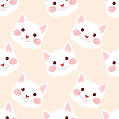 Pattern of cat faces on cream background. Cartoon white cats vector pattern.