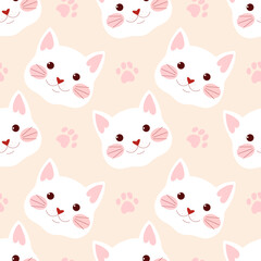 Fototapeta premium Pattern of cat faces on cream background with tracks. Cartoon cats vector pattern.
