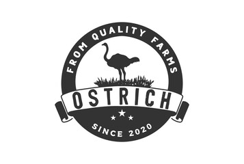 Vintage Retro Ostrich Farm Silhouette with Grassland Badge Emblem Logo Design