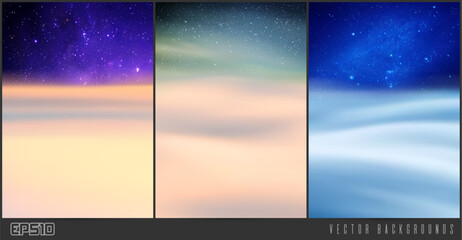 Clouds and night starry sky. Natural background set. Pastel fog waves