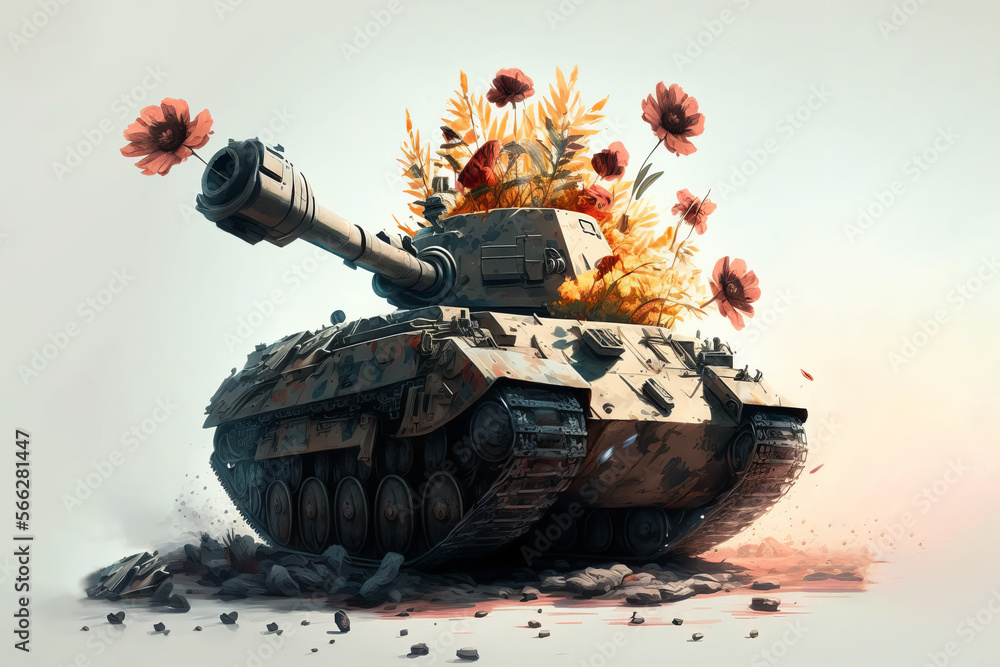 Wall mural tank fires a flower. a peace initiative as a digital illustration (generative ai)