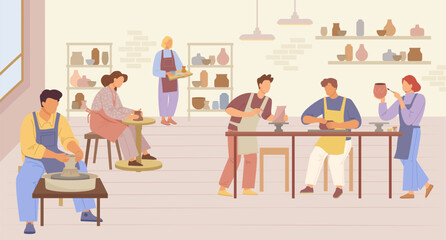making pottery. art workshop for pots and clay kettle making. Vector ceramic studio interior