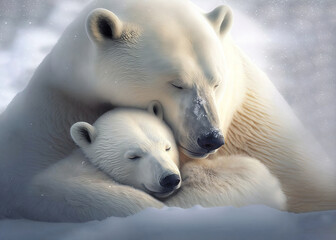 Obraz na płótnie Canvas Polar bear family, mother and baby cuddling in the snow, digital illustration (Generative AI)