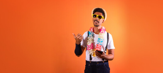 Carnival Brazilian Outfit. Black Man With Carnival Costume Holding Mobile