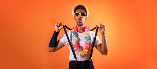 Carnival Brazilian Outfit. Black Man With Carnival Costume Having Fun