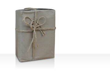 old brown gift box, tied with string and decorated on white background, object, gift, love, copy space