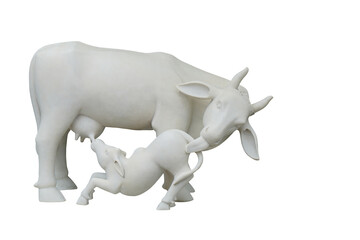 old white large cow and small cow on white background, animal, object, vintage, copy space