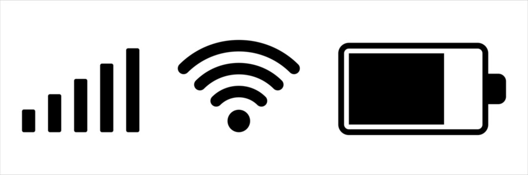 Set Of Status Bar Icon. Mobile Phone System Icons. Signal, Wifi, And Battery Vector Illustration On White Background