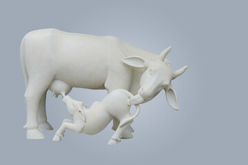 side view antique white large cow and small cow on sky blue background, animal, object, vintage, copy space