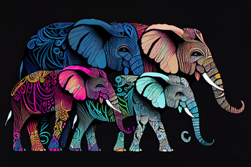 Obraz premium Beautiful vector pattern of colorful elephants on black background
