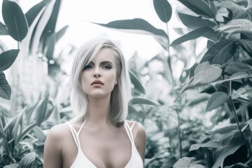 Obraz na płótnie Canvas Blonde female in a large greenhouse.wearing a white top