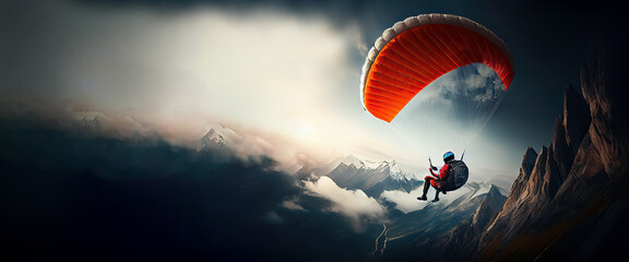 Paragliding. Extreme sport. A thrilling stunt, dramatic angle, showcasing the athlete's striking style. Intense moment of action, defying gravity. Copy space, Generative, ai
