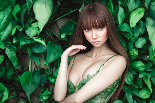 Sensual brunette model standing against a backdrop of lush green plants