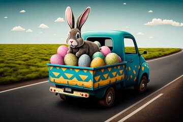 Cute fluffy Easter bunny delivering eggs by pickup truck car. AI - obrazy, fototapety, plakaty