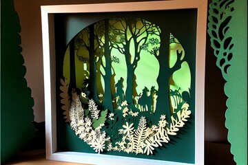 Green Spring Forest Papercut Frame. Generative AI