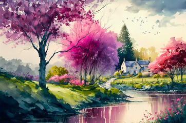 Springtime Watercolour Landscape with House in View, Beautiful Vibrant Colours, Purple Flowers and Trees, Ai Generated Art.
