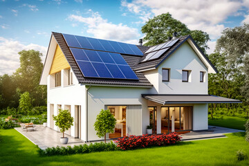 Modern house with solar panels on the roof, symbolizing an environmentally friendly and energy efficient home.