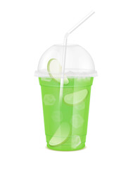 Fototapeta na wymiar Fruit juice in clear plastic transparent cup and ice with sphere dome cap, straw tube. Fresh green apple juice for design drink menu cafe or restaurants. Isolated 3D realistic vector.