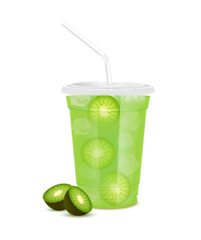 Green fresh kiwi juice glass and slices half. Fruit juice in clear plastic transparent cup flat lid, ice and straw tube. For design drink menu cafe or restaurants. Isolated 3D realistic vector.