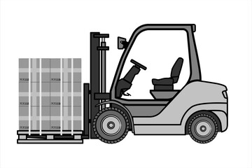 Sketch of forklift truck with boxes. Side view of the machine. Hydraulic machinery Outline. Industrial isolated loader. Forklift unloads the pallets with boxes. Vector illustration isolated on white.