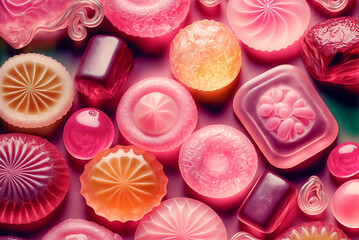 Assorted pink gummy candies. Jelly sweets. Generative AI
