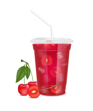 Red fresh cherry juice glass and slices half. Fruit juice in clear plastic transparent cup flat lid, ice and straw tube. For design drink menu cafe or restaurants. Isolated 3D realistic vector.
