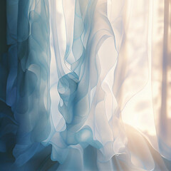 柔らかい布風テクスチャの正方形抽象背景）朝日に透け風に揺れる紺色グラデーションのカーテン。ジェネレーティブAI