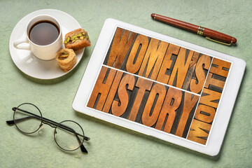 Plakat women history month - word abstract in vintage wood type on a digital tablet, contributions of women to events in history and contemporary society