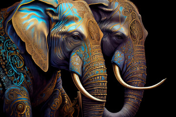 elephants, hohloma, painting, large. small details. gold,light brown, black, turquoise silver.