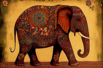 Folk art indian elephant, vector dot painting illustration