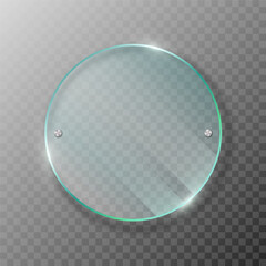 Realistic glass circle plate hanging on steel rivets. Clear round acrylic frame isolated on transparent background. Banner plexiglass holder with reflections and shadow. 3d vector illustration