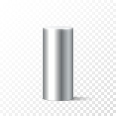 Realistic metal cylinder pedestal isolated on transparent background. Steel glossy detailed pipe with shadow. Round chrome column stand. 3d geometric shape vector illustration