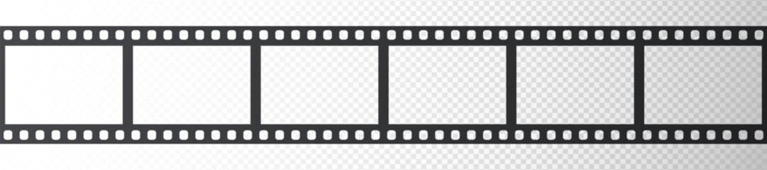 Cinema film strip roll isolated on transparent background. Blank seamless negative film. 35mm film slide frame. Cinema or photo frames. Long, retro strip frame. Vector illustration