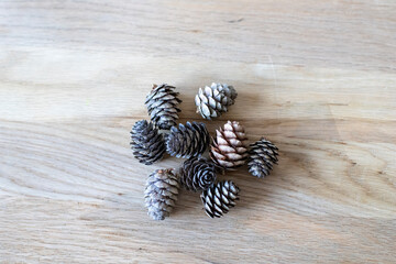 cones on wooden background