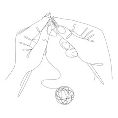 Knitting with threads. Hands of man, woman in modern trendy style with one line. Solid line, outline for decor, posters, stickers, logo. Vector illustration.