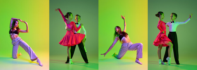 Fototapeta na wymiar Collage. Portraits of children dancing classic dance, ballroom and young girl performing hip hop, experimental, contemp over green background in neon. Concept of lifestyle, hobby, action, motion, art