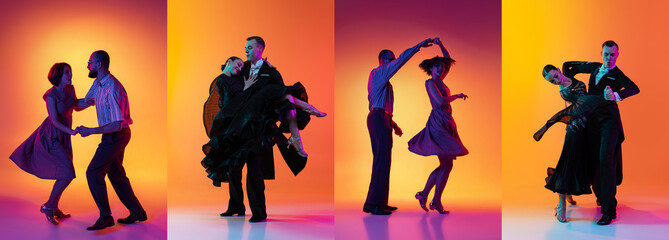 Set with images of stylish men and women dancing in bright clothes on colorful background at dance hall in neon light. Art, danc, hip-hop, retro, vintage style and fashion. Collage, poster for ad