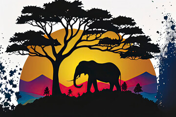 vectorized sticker of Asian landscape in an Asian elephant silhouette in Japanese style