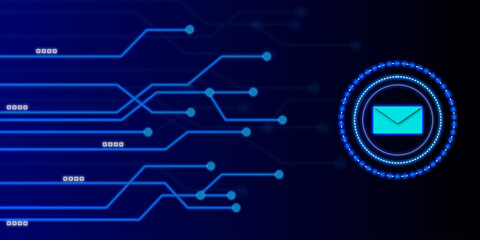 Blue futuristic networking technology with ai mail technology. Artificial Intelligence on deep blue background. Background with hitech digital data.