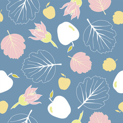 Seamless vector repeat pattern with blue background, featuring nature elements, like tree leaves, flowers and apples. 