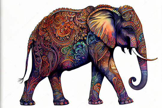 Watercolor painted fantasy ornate Indian elephant isolated on a white background