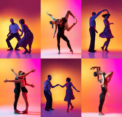 Set with images of stylish men and women dancing in bright clothes on colorful background at dance hall in neon light. Art, danc, hip-hop, retro, vintage style and fashion. Collage, poster for ad
