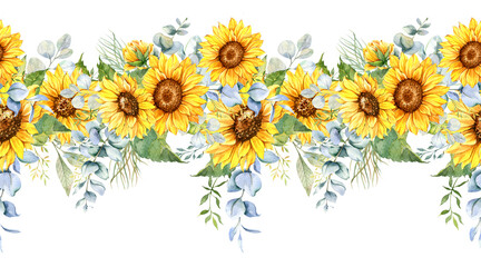 Sunflowers Seamless Border, Watercolor Sunflowers Arrangement, Hand Painted Sunflowers Bouuqet on white background