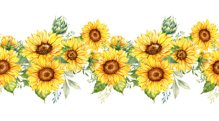 Sunflowers Seamless Border, Watercolor Sunflowers Arrangement, Hand Painted Sunflowers Bouuqet on white background