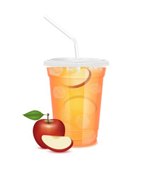 Fresh red apple juice glass and slices half. Fruit juice in clear plastic transparent cup flat lid, ice and straw tube. For design drink menu cafe or restaurants. Isolated 3D realistic vector.